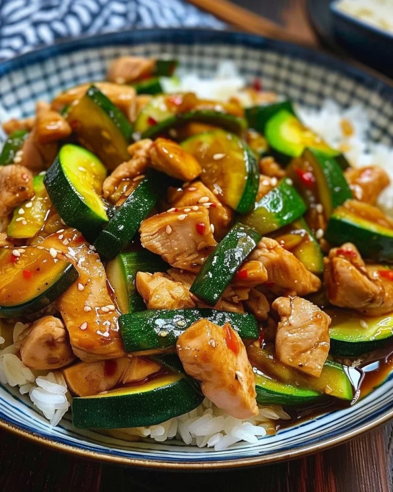 Delicious Chicken Zucchini Stir-Fry served in a bowl with vibrant vegetables.