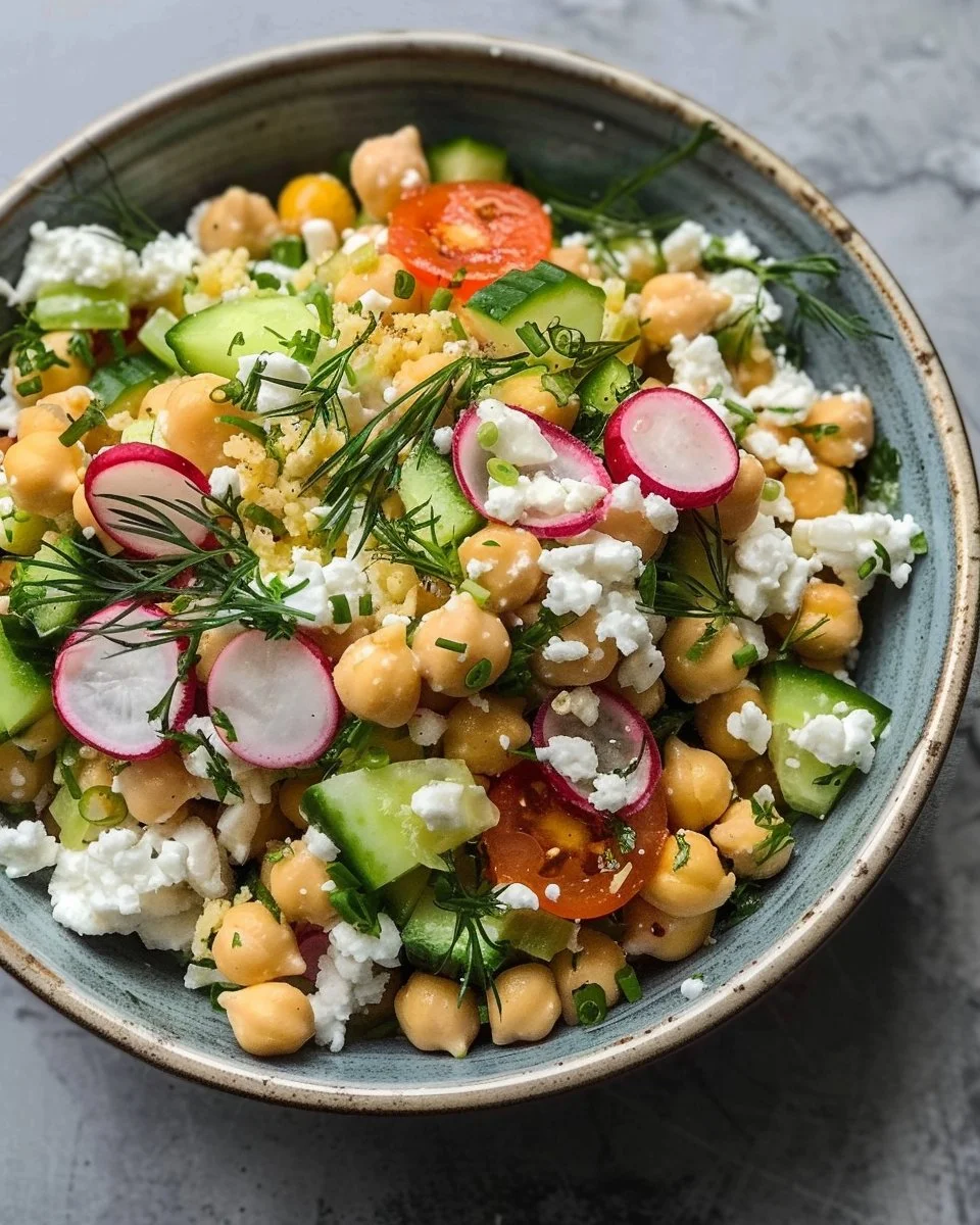 Chickpea Salad with cottage cheese and fresh vegetables in a bowl
