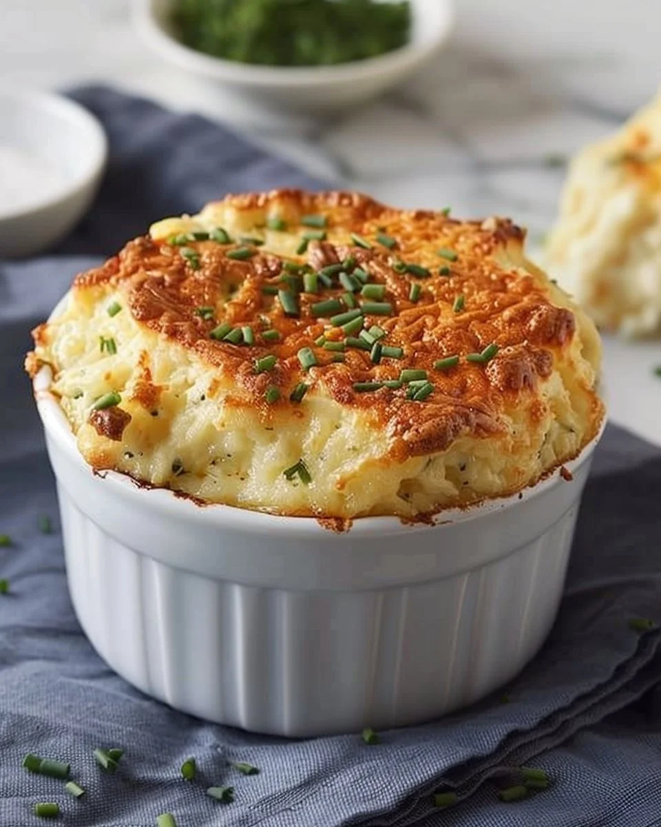 Delicious crab and gruyère soufflé served with chive cream on a plate.
