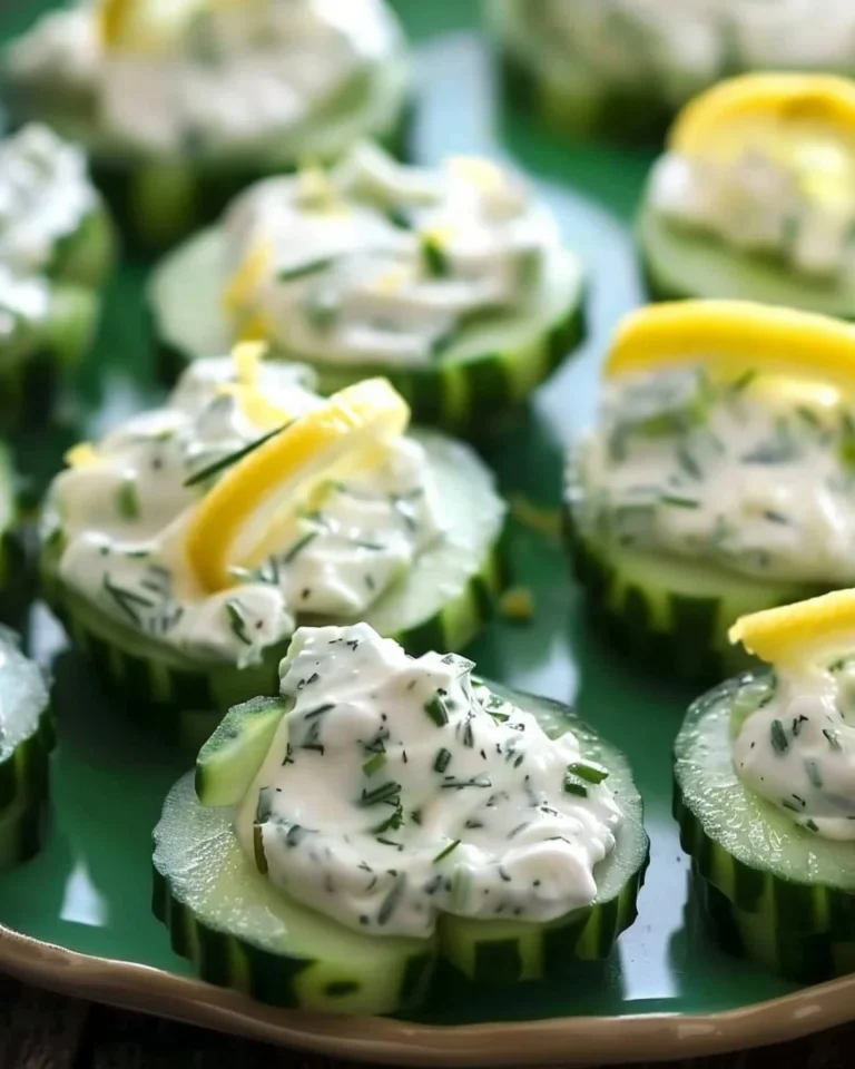 Cream cheese cucumber bites topped with herbs and lemon