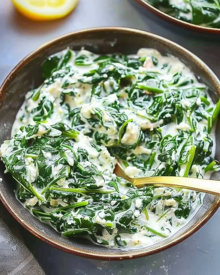 Bowl of creamed spinach made with Greek yogurt, garnished and ready to serve