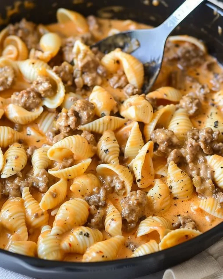 Creamy beef and shells dish with pasta and ground beef in a creamy sauce