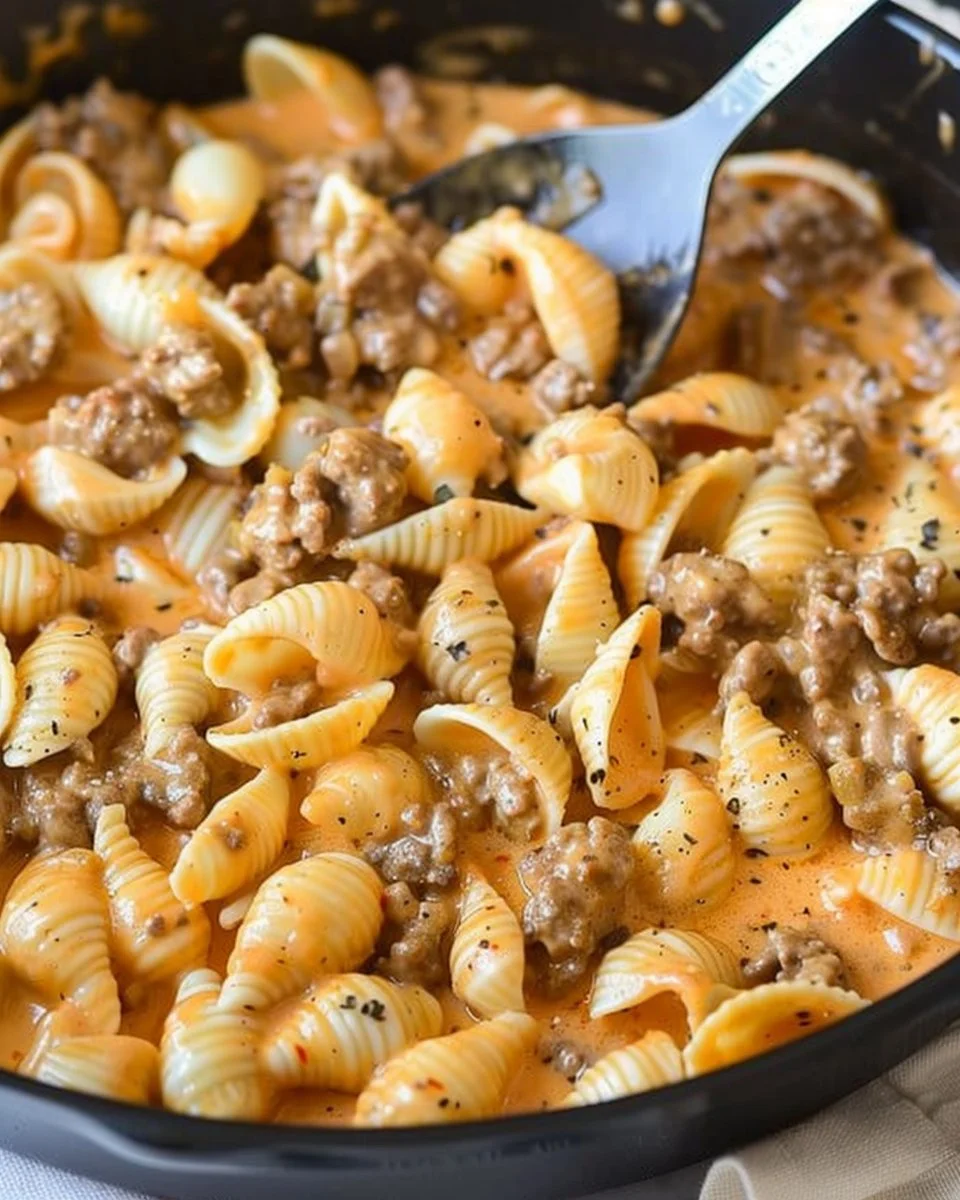 Creamy beef and shells dish with pasta and ground beef in a creamy sauce