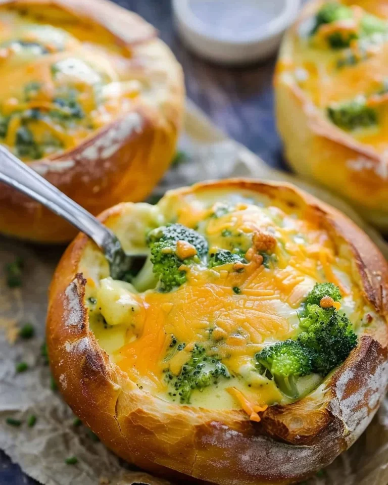 Creamy broccoli cheddar soup served in a fresh boule bread bowl.