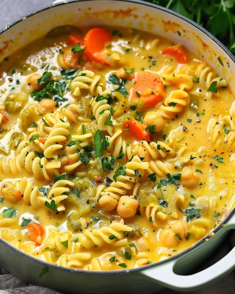 Creamy chickpea noodle soup in a bowl with fresh herbs and noodles