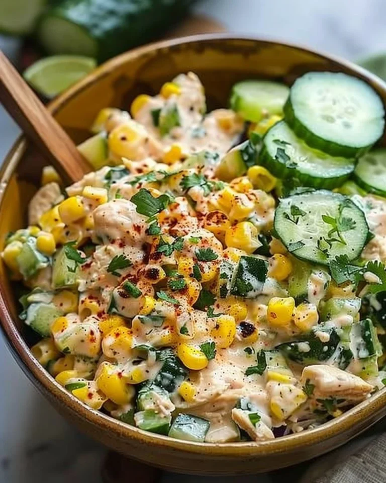 Creamy cucumber chicken salad with street corn in a bowl