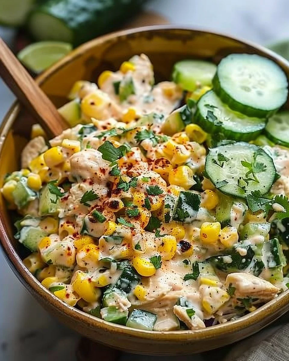 Creamy cucumber chicken salad with street corn in a bowl