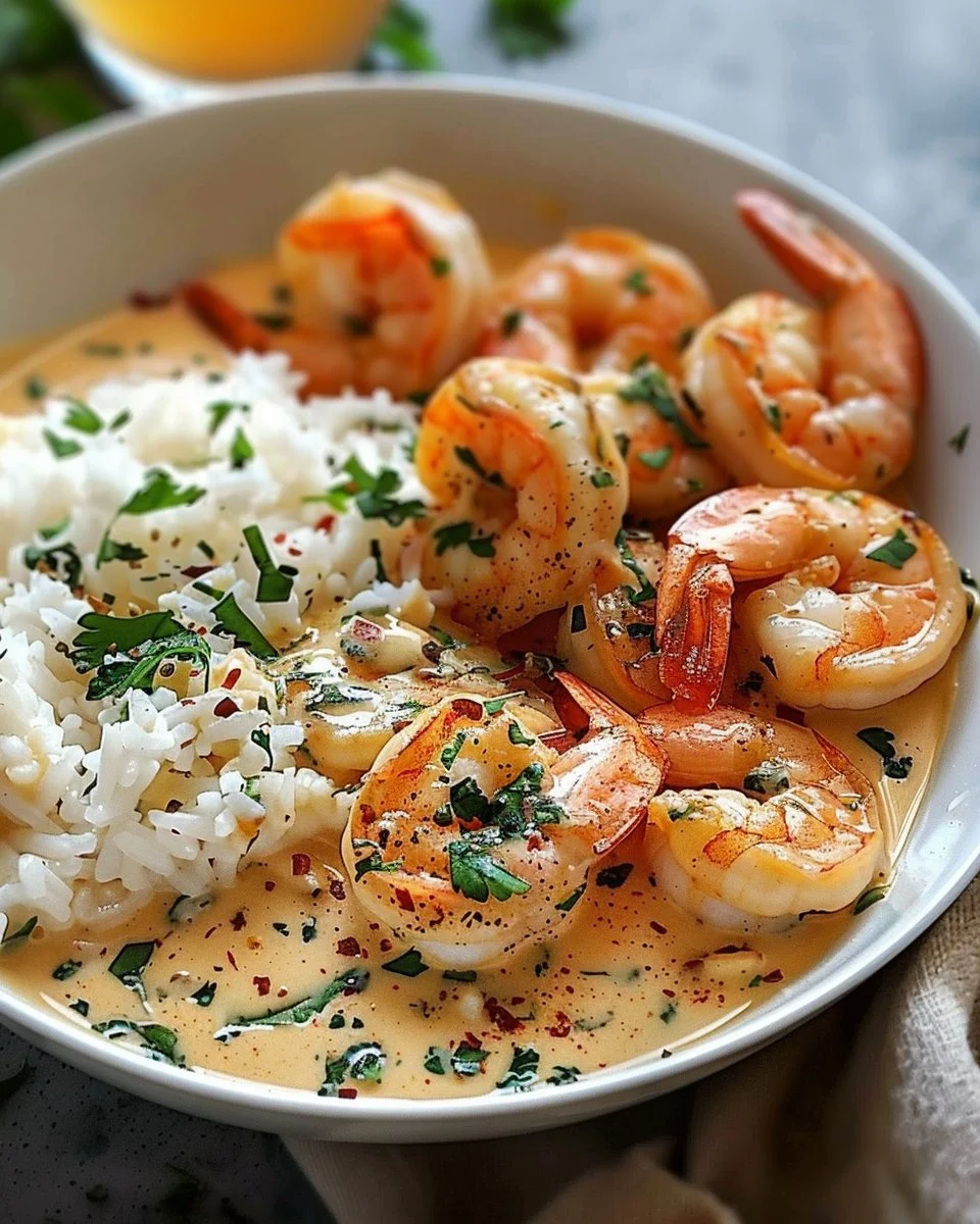 Delicious creamy garlic shrimp served in a bowl with herbs and rice
