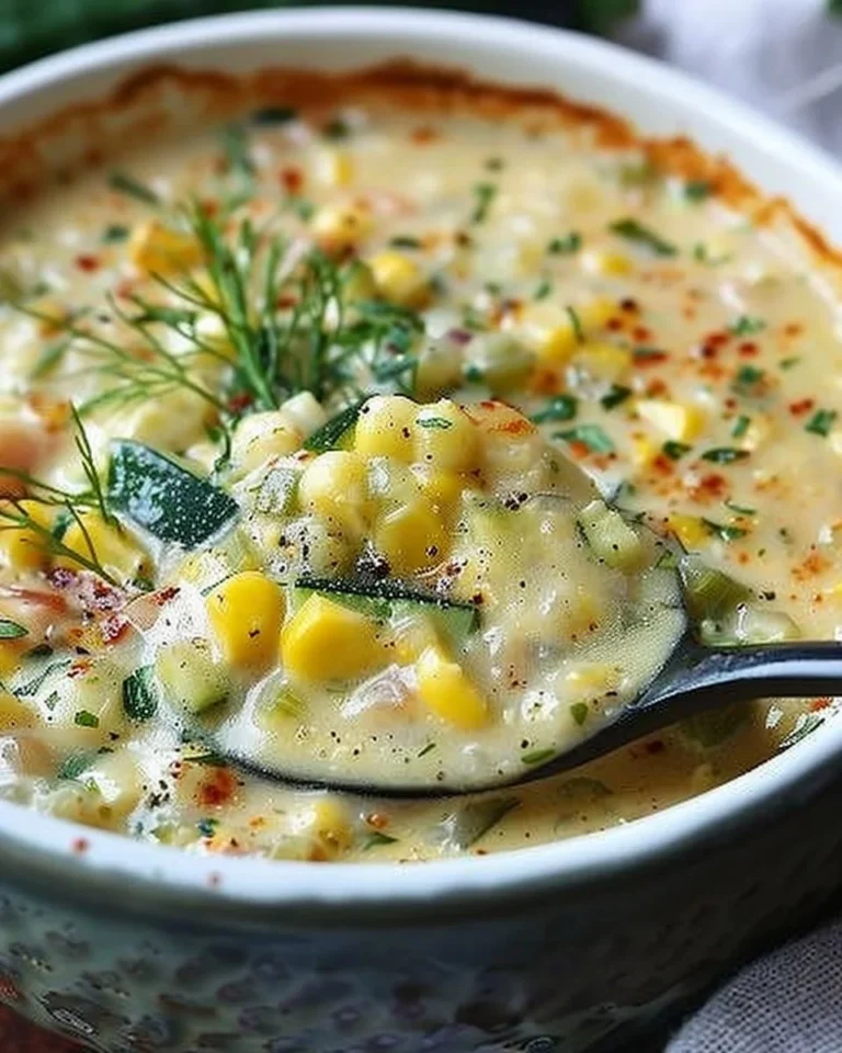 Creamy summer corn and zucchini chowder in a bowl garnished with fresh herbs