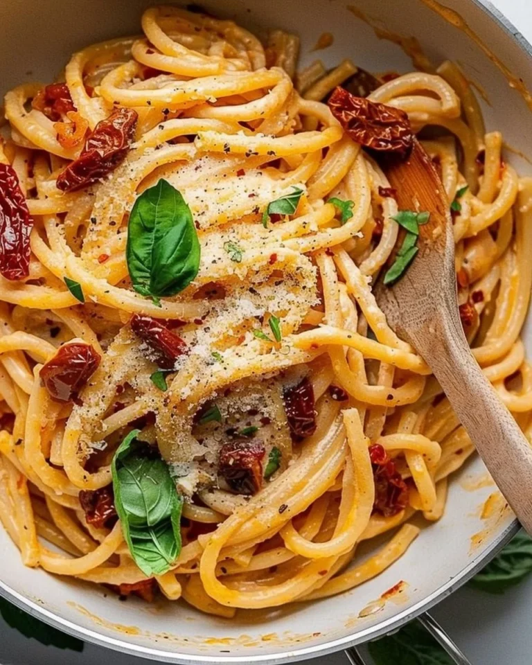 Creamy sun-dried tomato pasta dish with fresh herbs and cheese