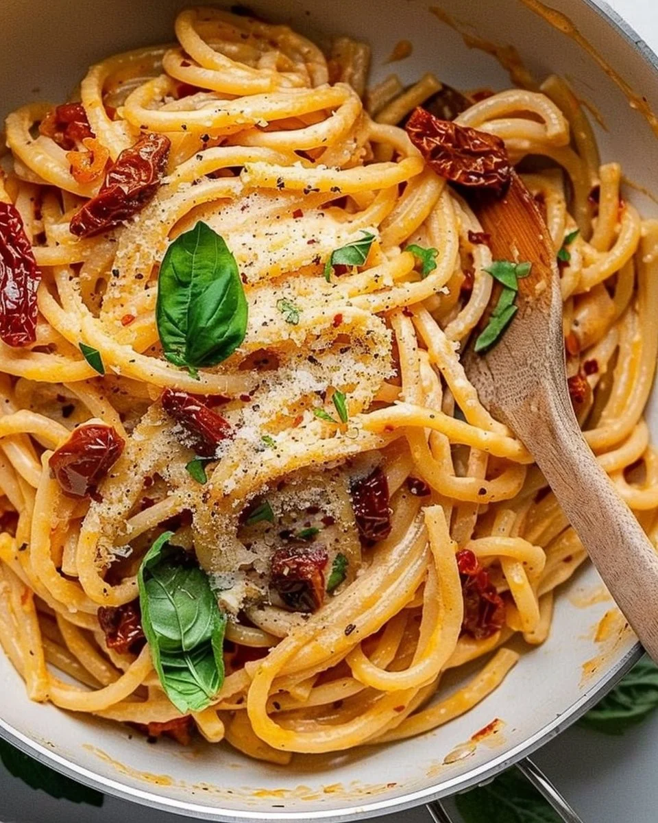Creamy sun-dried tomato pasta dish with fresh herbs and cheese