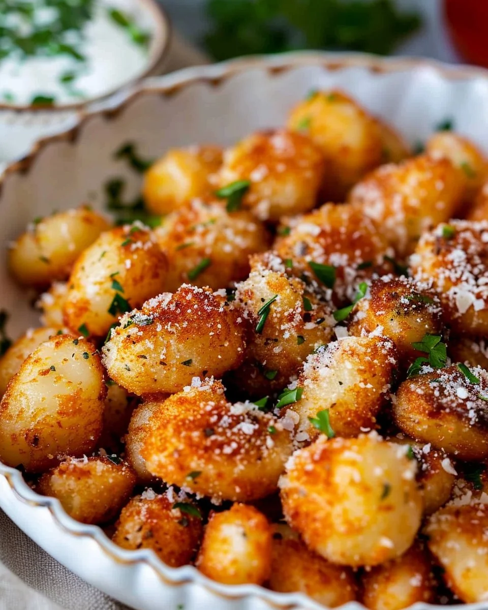 Crispy air fryer gnocchi served with a garnish on a plate