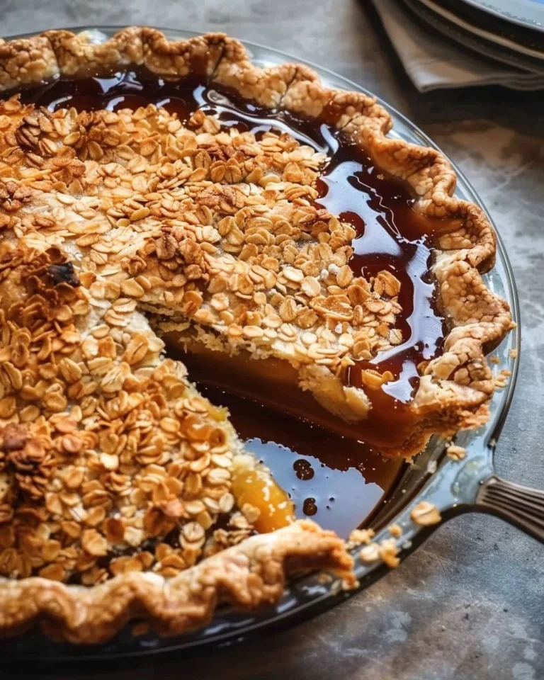 Crispy burnt honey pie with flaky oat crust, showcasing its golden color and texture.