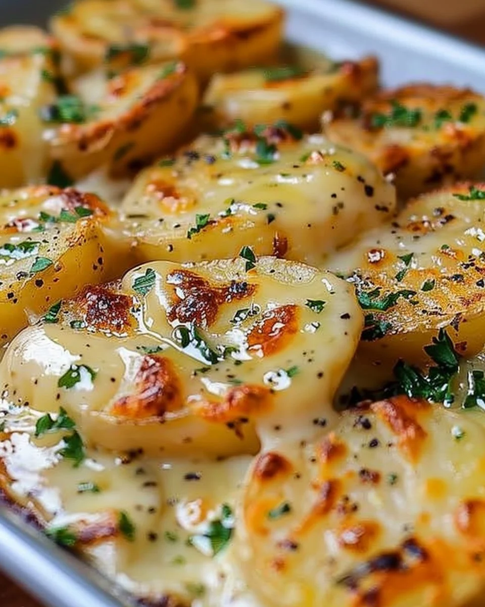 Delicious Crispy Garlic Butter Potatoes served on a plate