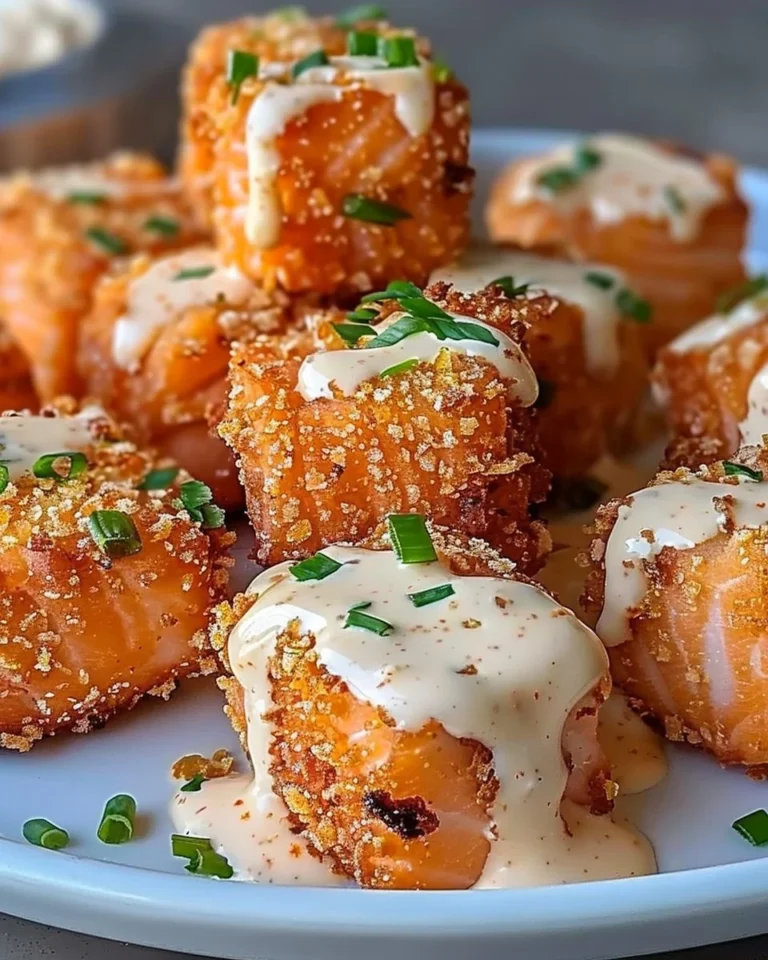 Crispy salmon bites served with bang bang sauce for dipping