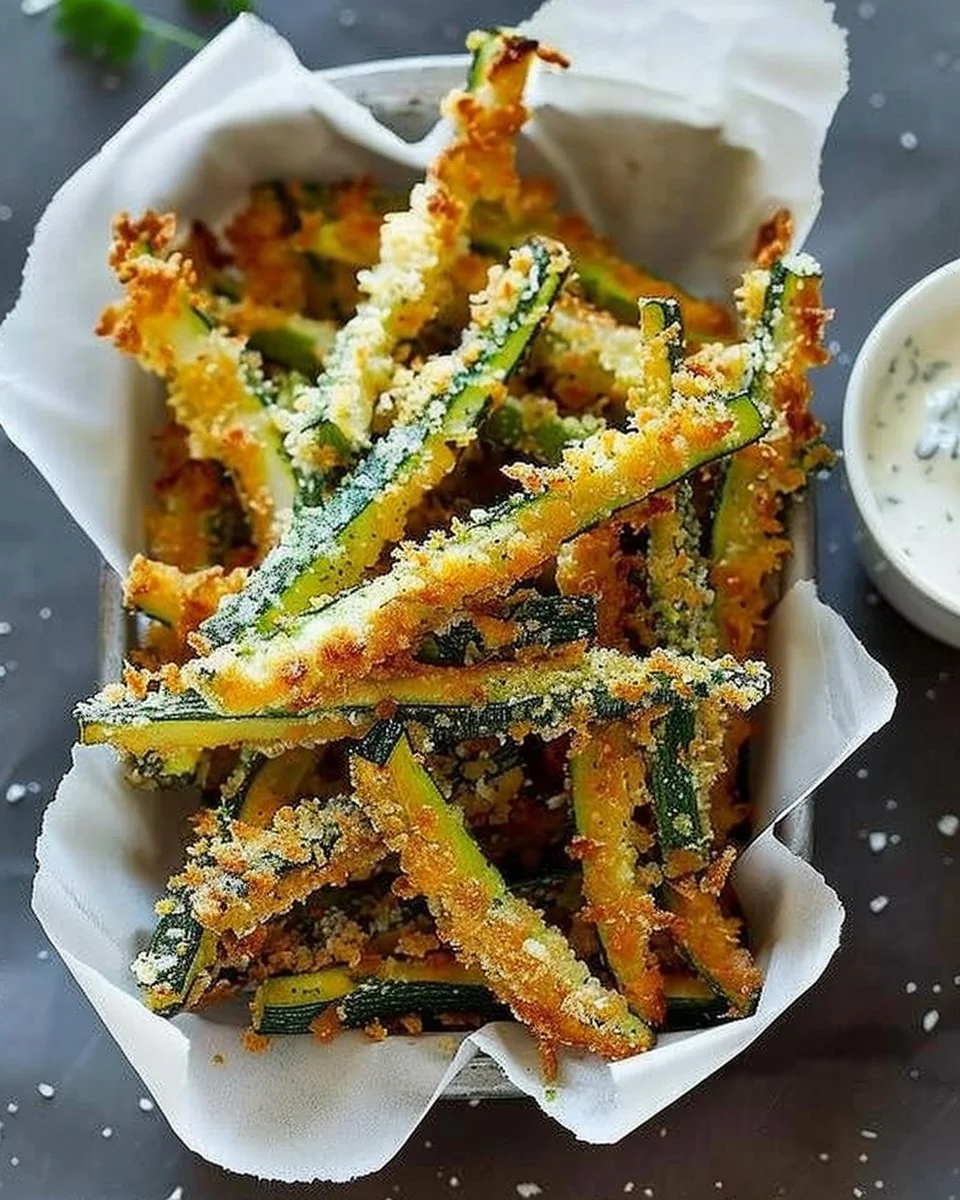 Crispy zucchini fries served with a side of ranch dressing