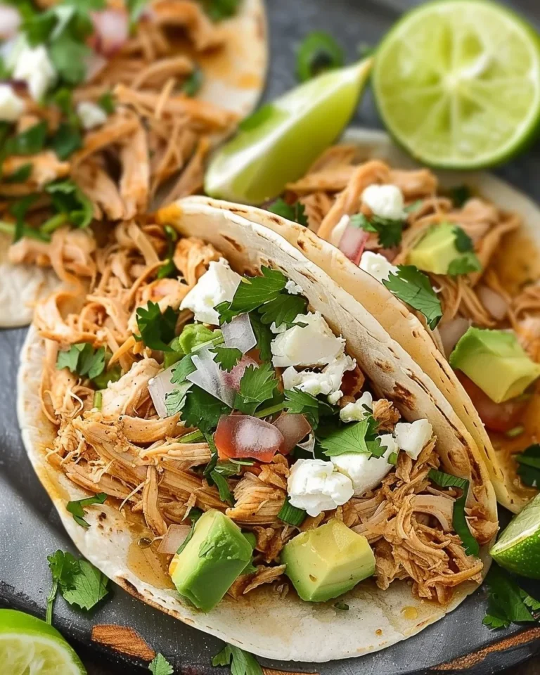 Crockpot shredded chicken tacos served with toppings on a plate