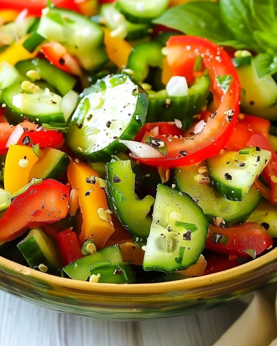 Cucumber and bell pepper salad in a colorful bowl