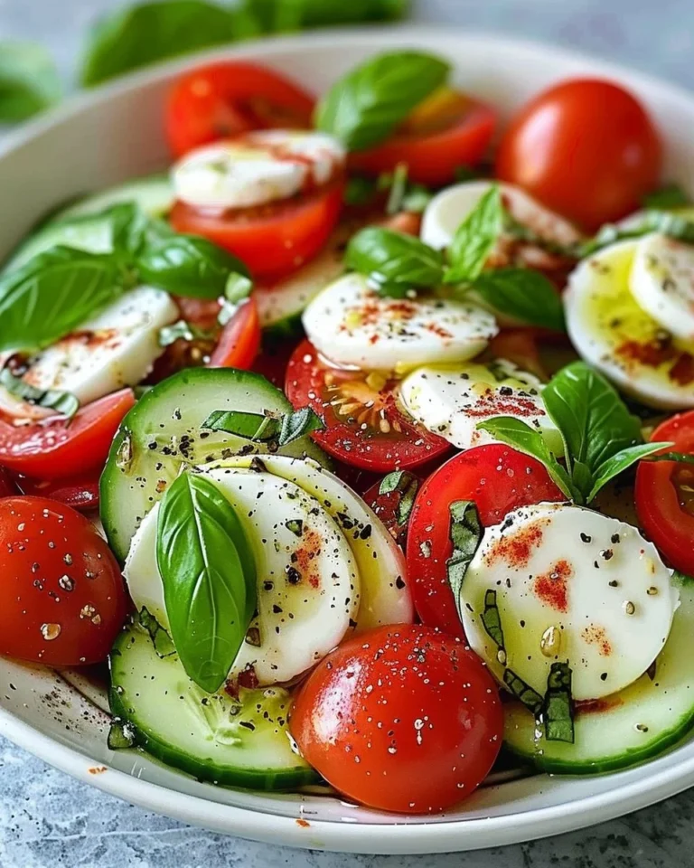 Cucumber Caprese Salad with fresh mozzarella, tomatoes, and basil
