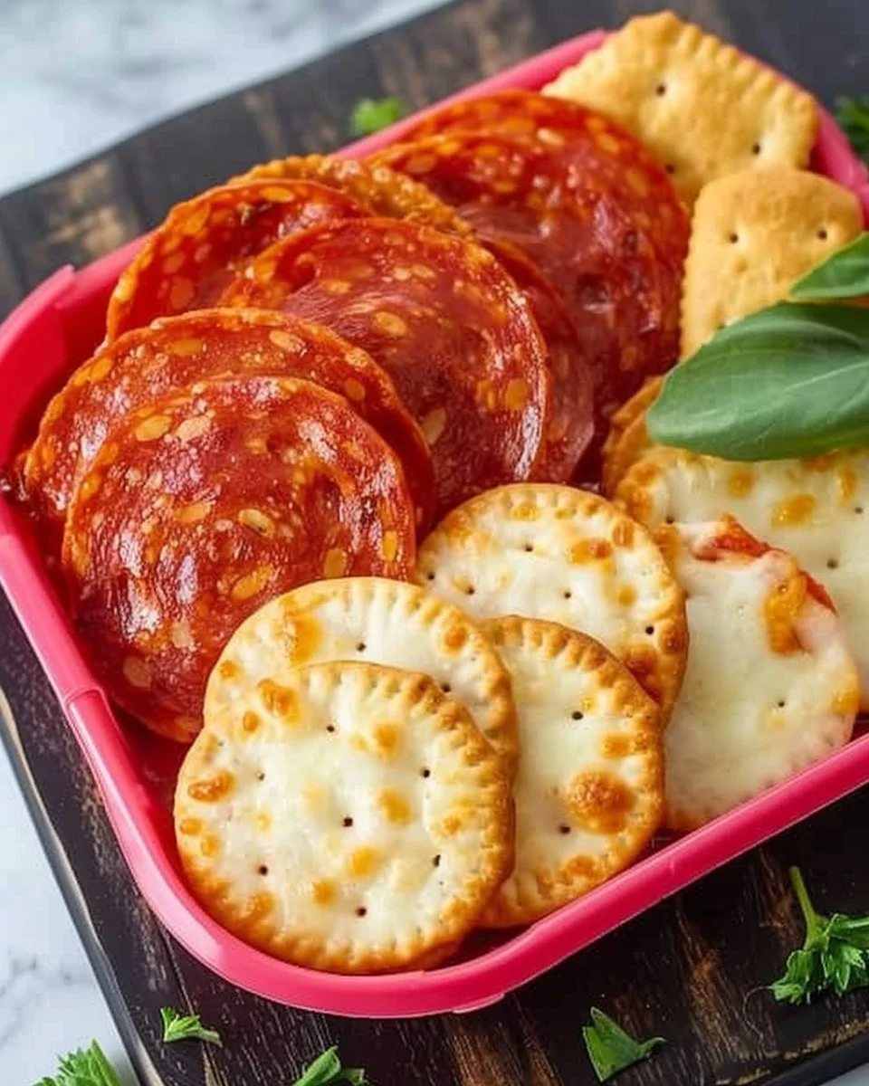A plate of homemade DIY pizza crackers with cheese and toppings