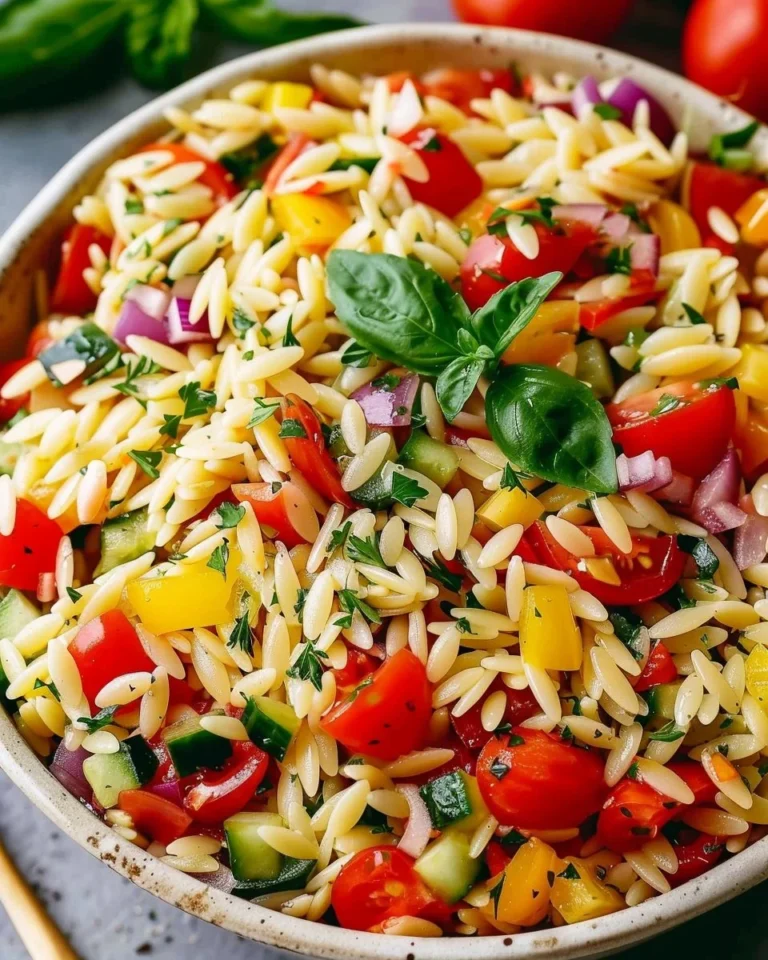Delicious easy summer orzo pasta salad with fresh vegetables and dressing.