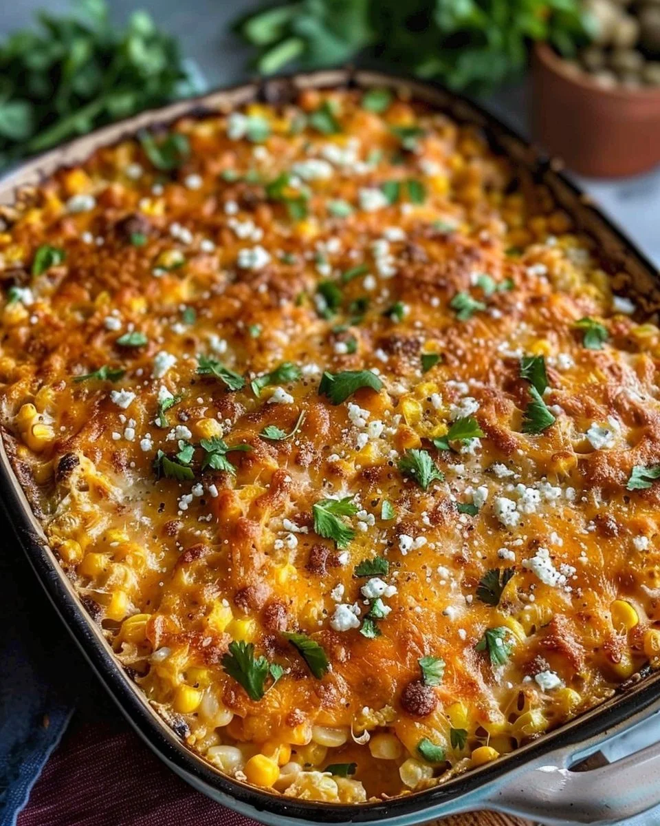 Delicious Elote-Style Street Corn Casserole topped with cheese and spices