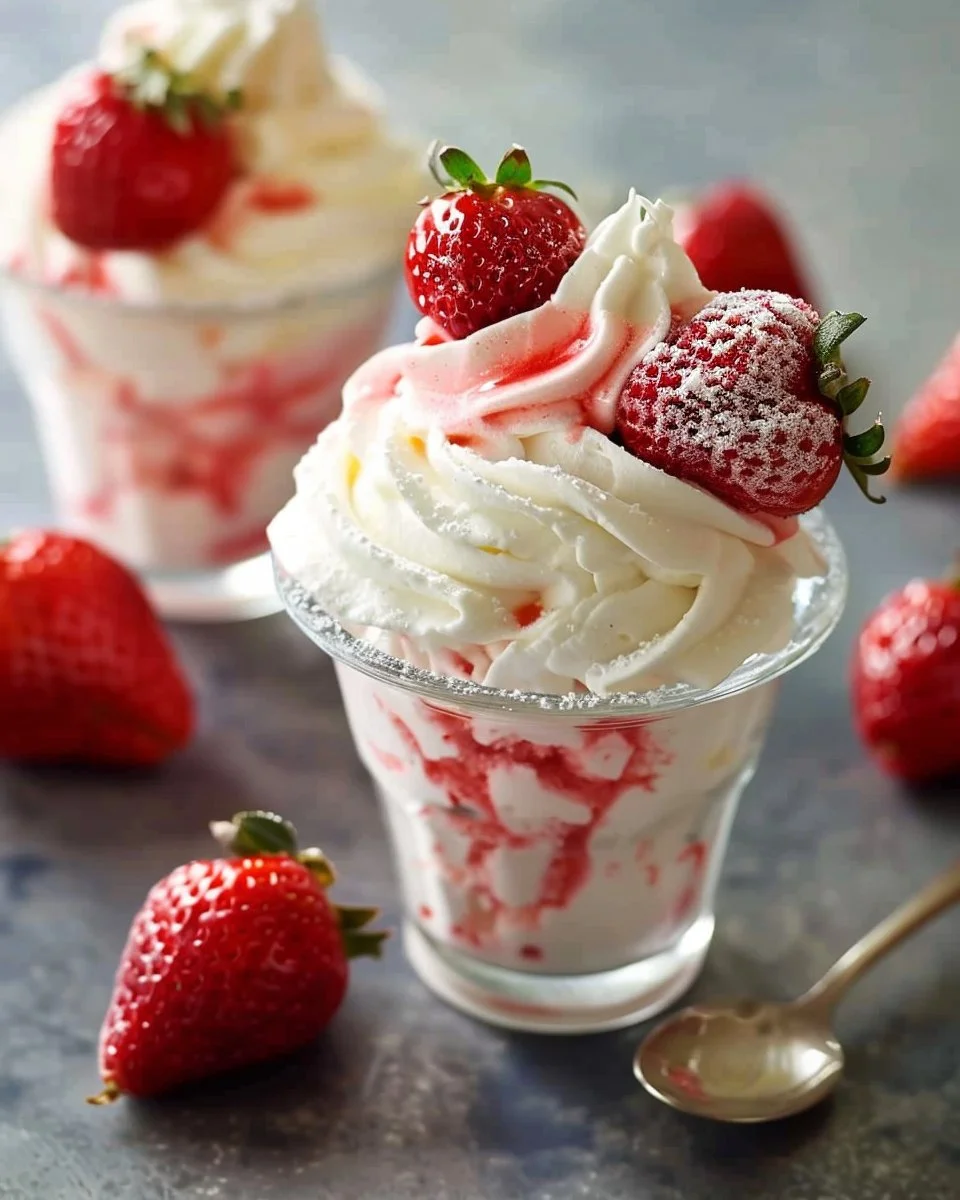 Delicious Frozen Strawberry Dole Whip served in a bowl with a fresh strawberry garnish