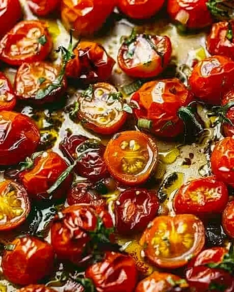 A plate of garlic roasted cherry tomatoes garnished with herbs