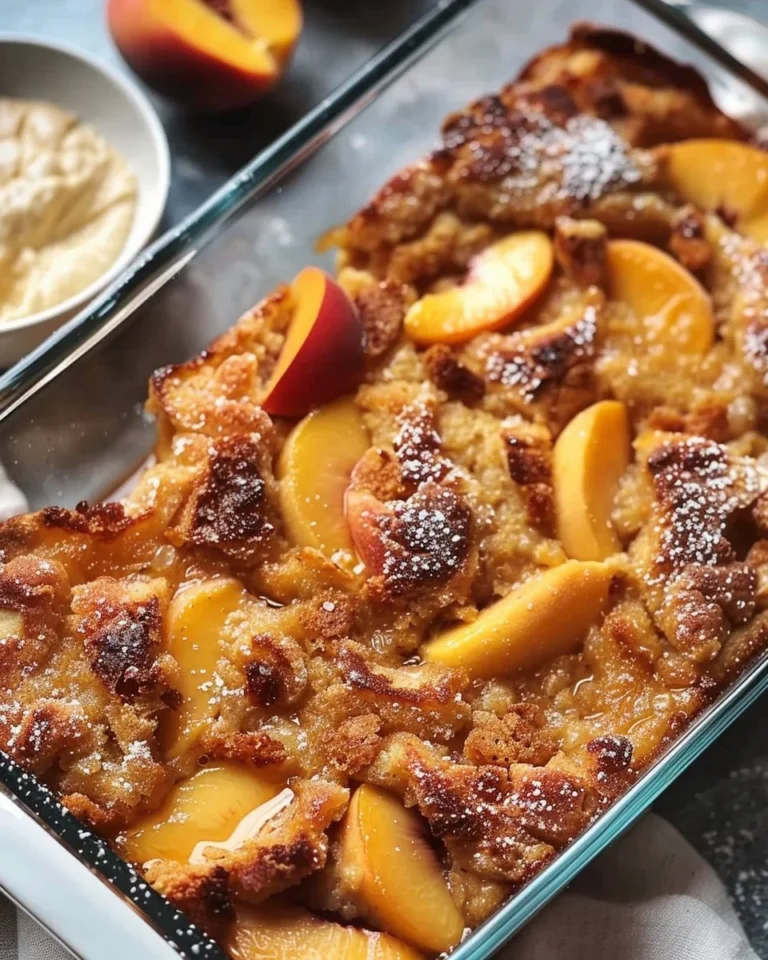 Golden Peach Cobbler French Toast Bake served with fresh peaches and syrup.