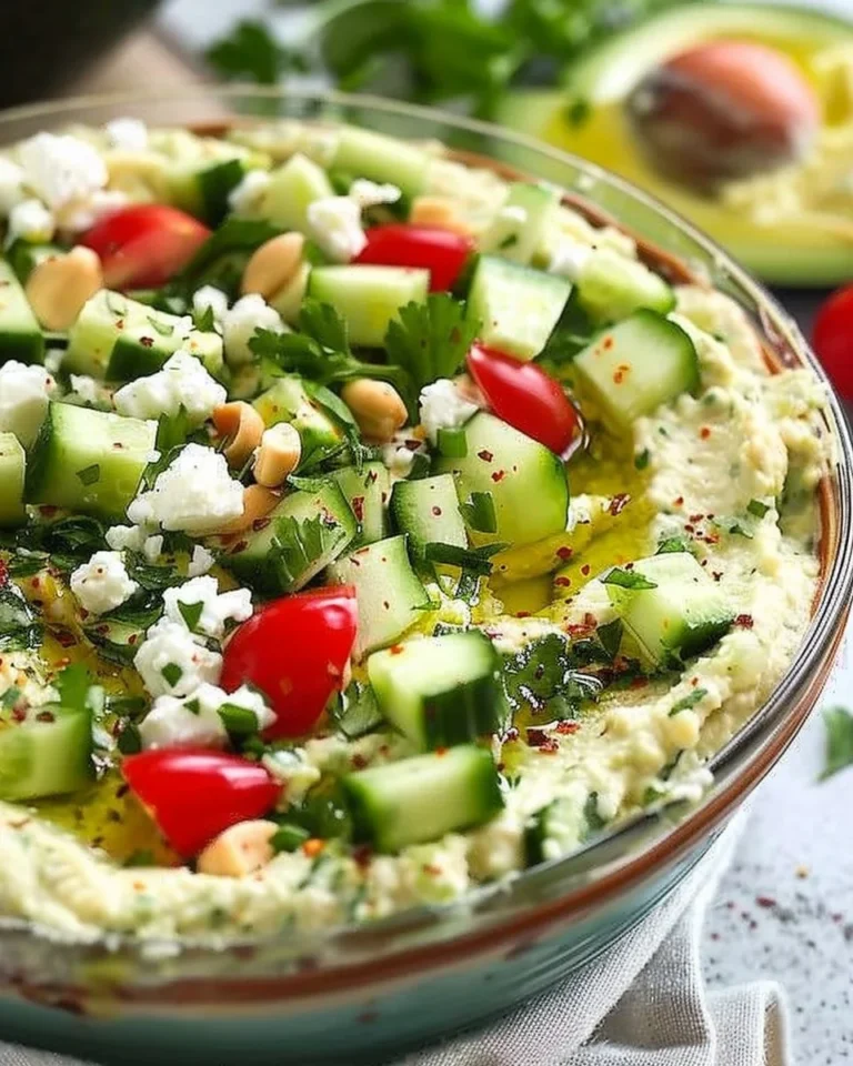Delicious Greek layered dip with hummus and avocado served in a bowl