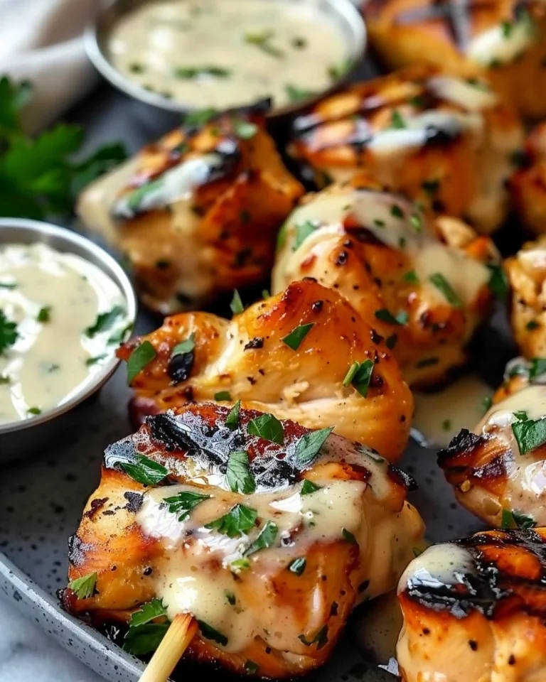 Grilled chicken bites served in creamy garlic sauce on a plate