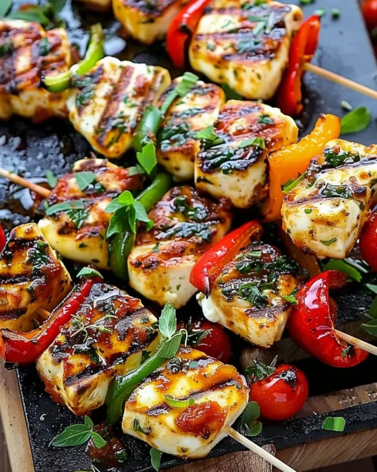 Grilled halloumi and mixed vegetable skewers on a BBQ platter