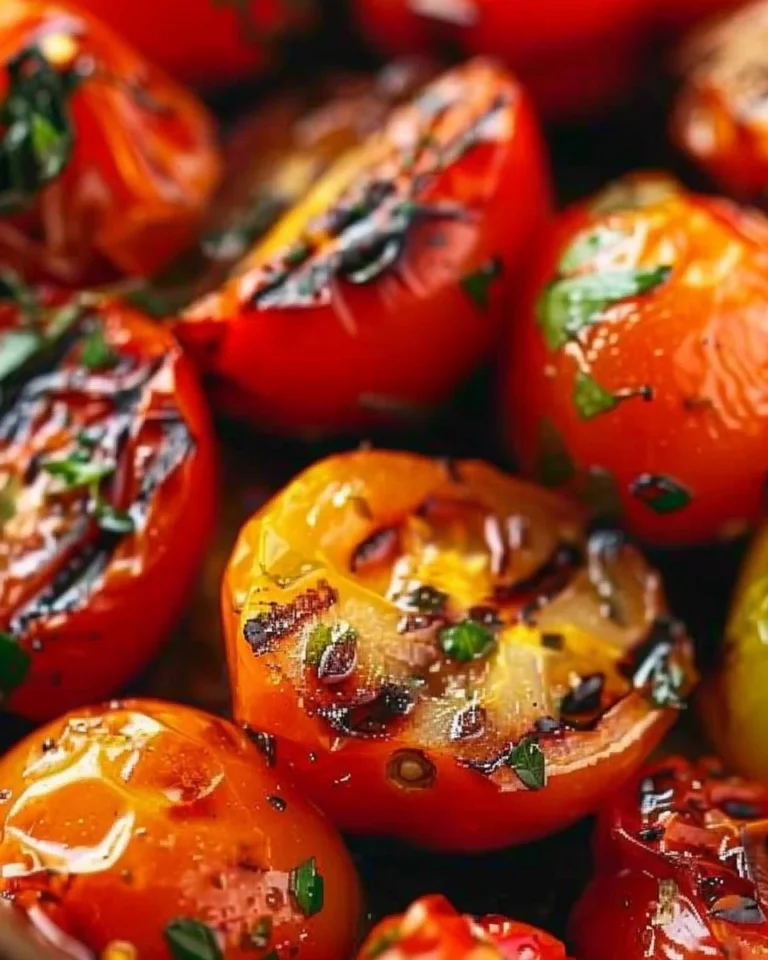 Delicious grilled tomatoes on a barbecue grill, showcasing char marks and vibrant color.