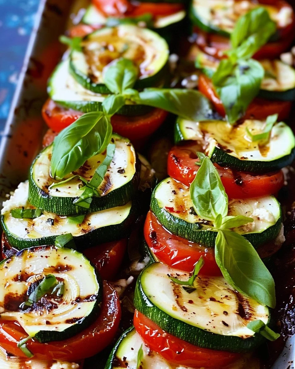 Delicious Grilled Zucchini Caprese with tomatoes and mozzarella