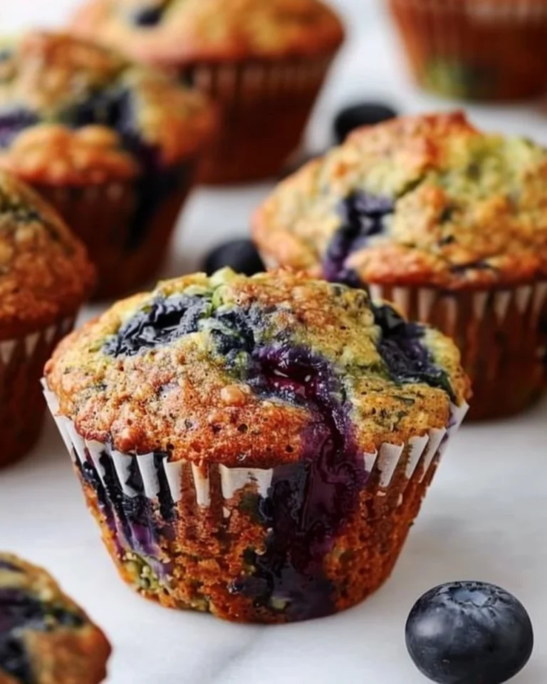Healthy blueberry zucchini muffins fresh out of the oven on a wooden table