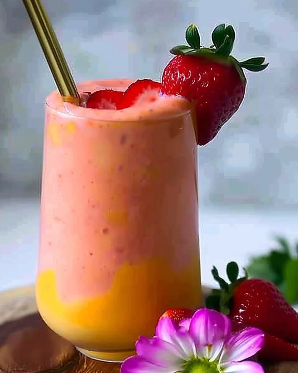 Healthy mango strawberry smoothie with vibrant colors and fresh ingredients.