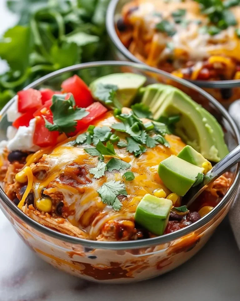 High-protein chicken enchilada bowls featuring cottage cheese and vibrant toppings.