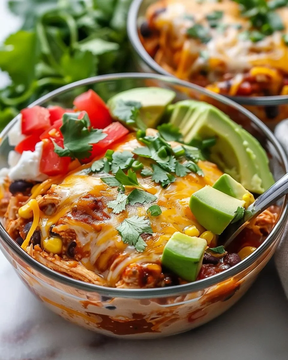 High-protein chicken enchilada bowls featuring cottage cheese and vibrant toppings.