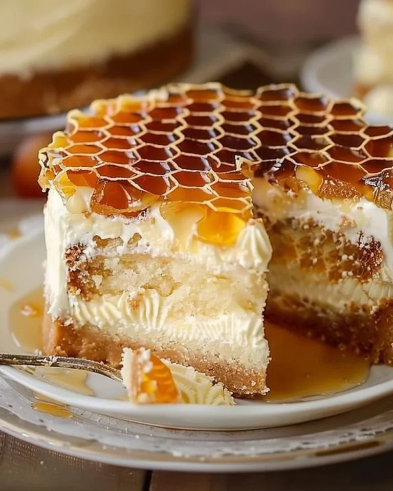 Delicious Honeycomb Cheesecake Cake slice with honeycomb topping