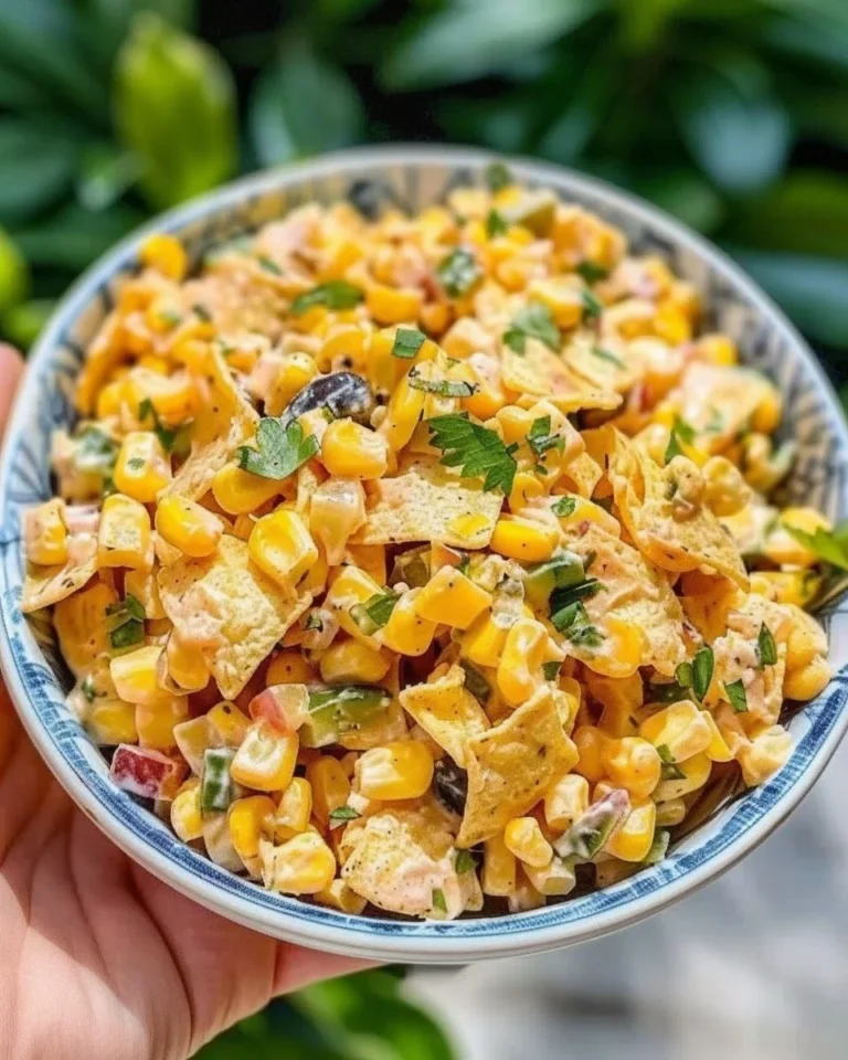 A bowl of colorful Frito Corn Salad with corn, Fritos, and vegetables