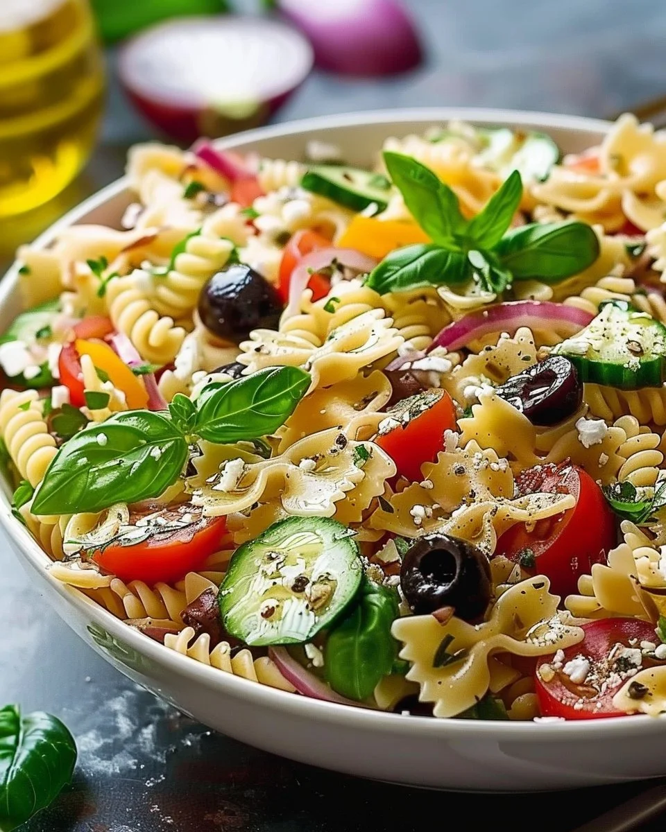 Bowl of irresistible Mediterranean Pasta Salad with fresh vegetables and herbs