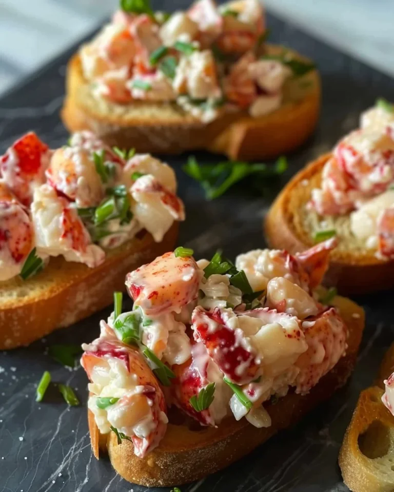 Lobster salad crostinis garnished with fresh herbs on a platter