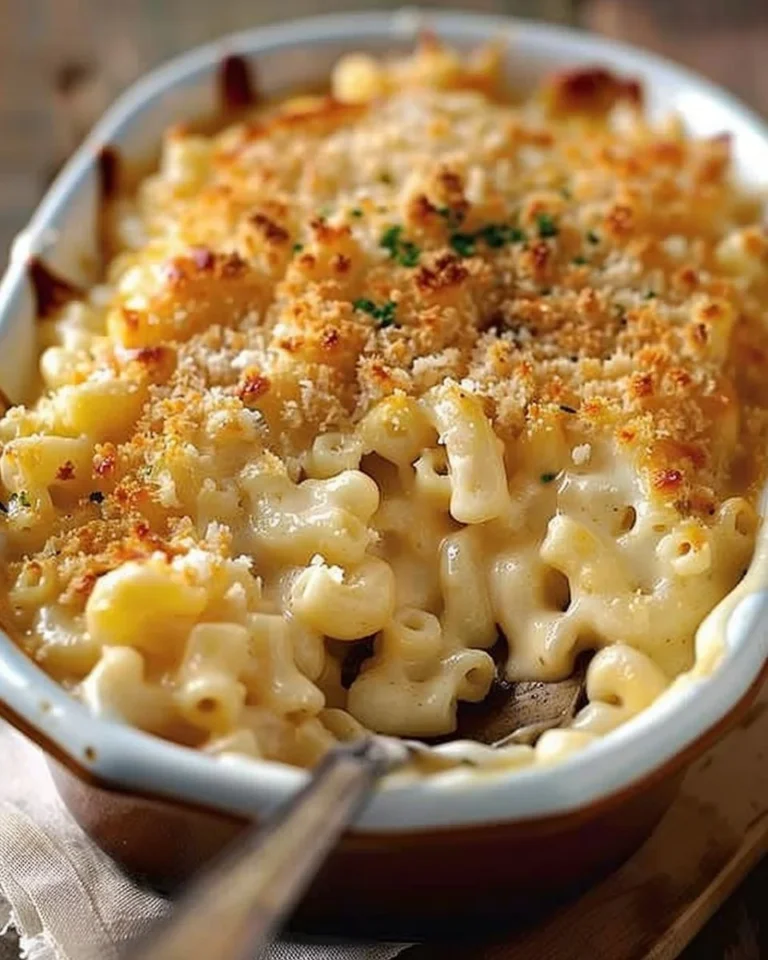 Bowl of creamy Mac and Cheese topped with breadcrumbs and herbs
