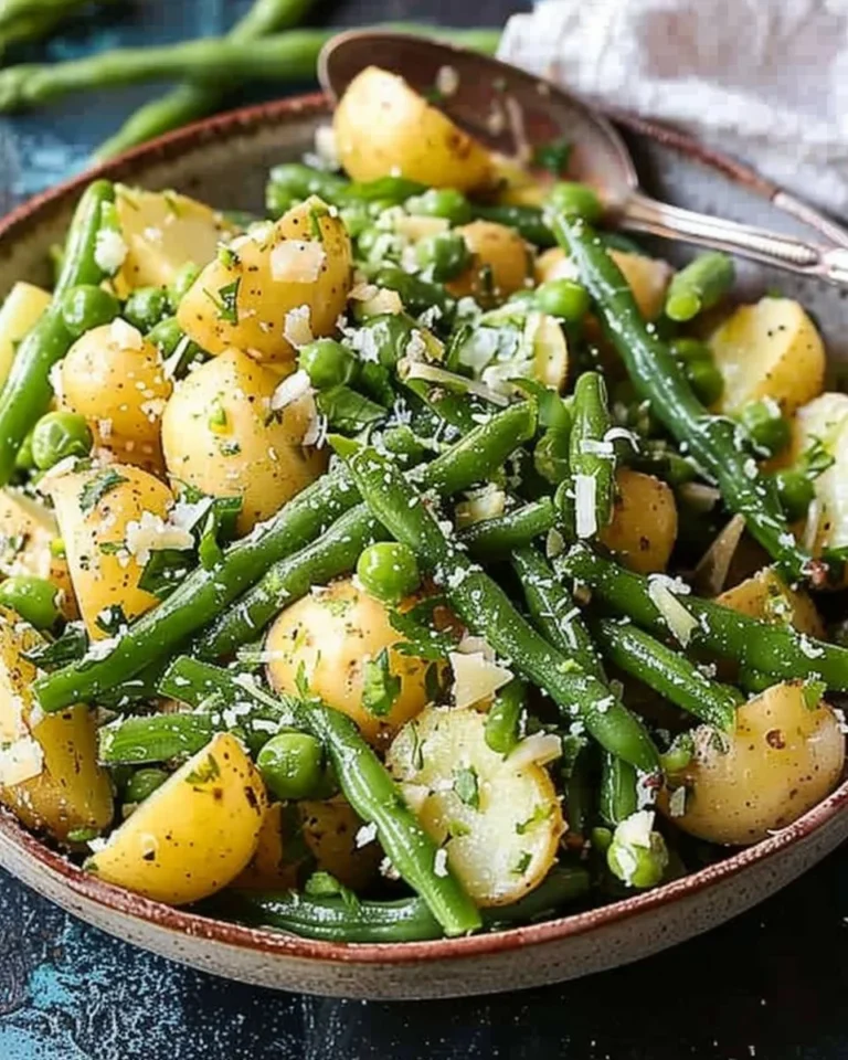 Mayo-free French green bean and potato salad in a bowl