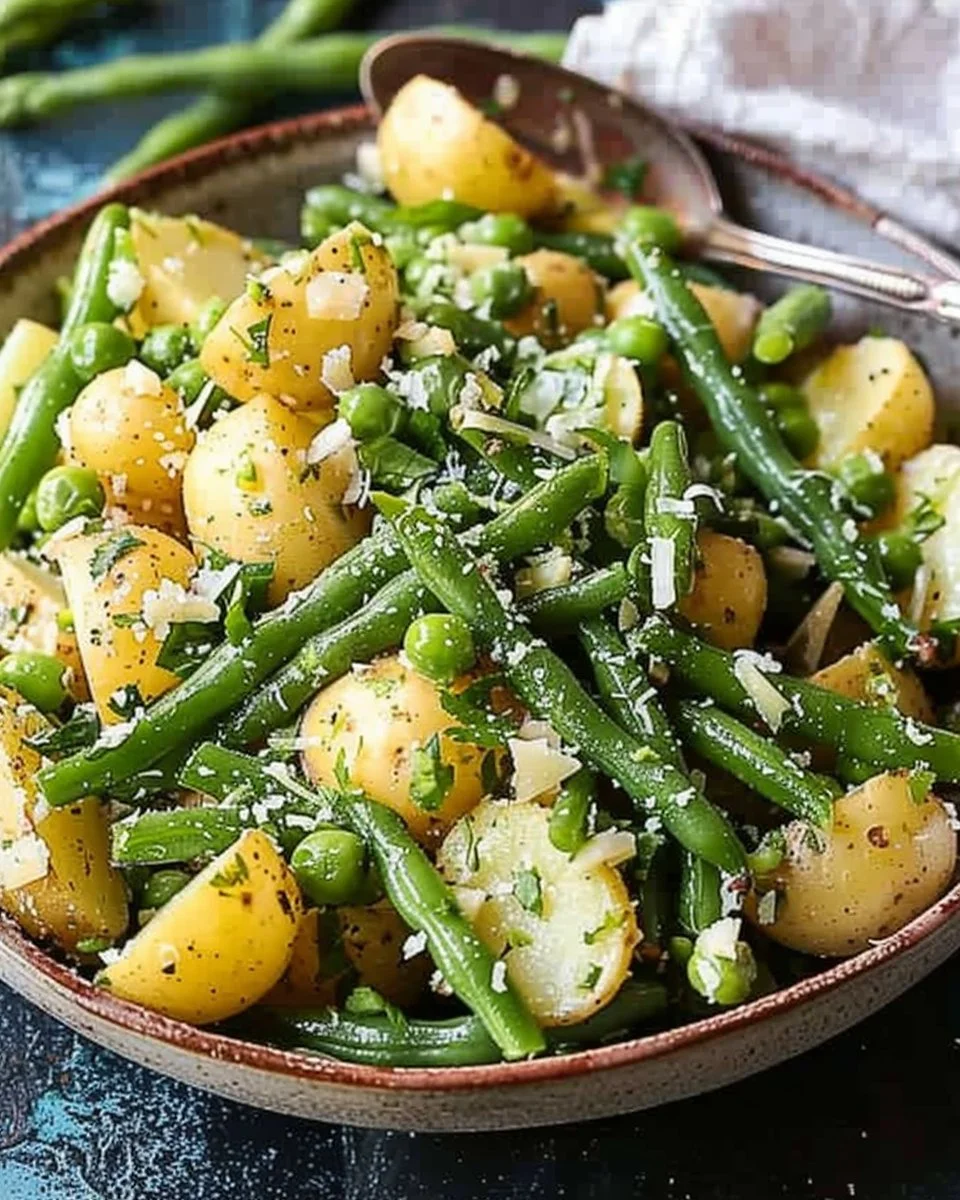 Mayo-free French green bean and potato salad in a bowl