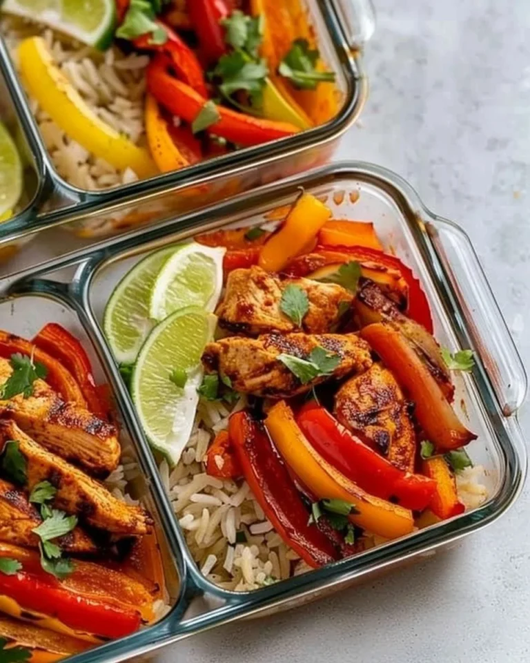 Meal-prep chicken fajita bowls with colorful peppers and spices.