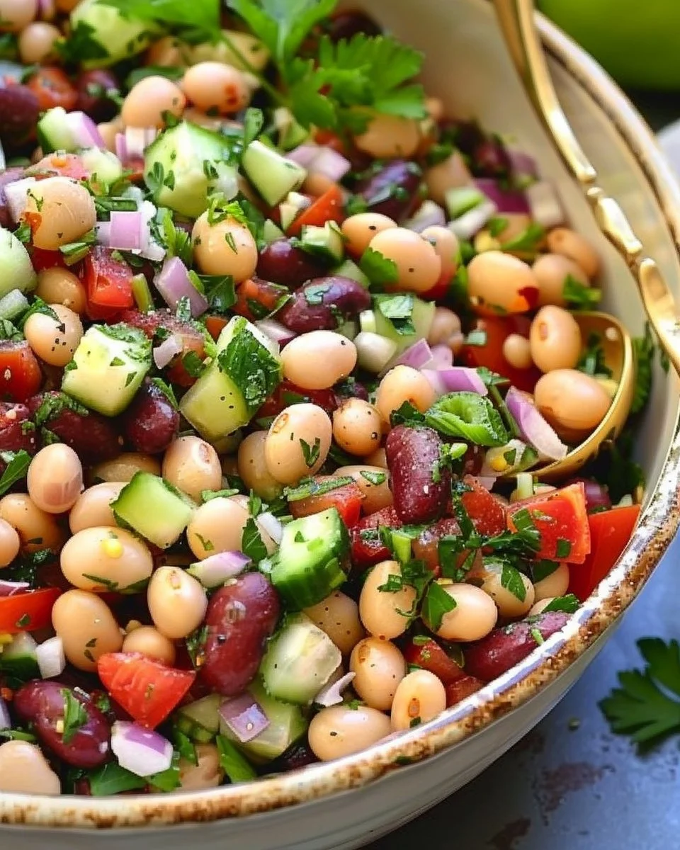 Colorful Mediterranean Bean Salad with fresh vegetables and dressing