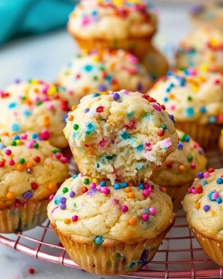 Mini yogurt muffins with Funfetti sprinkles on a colorful plate