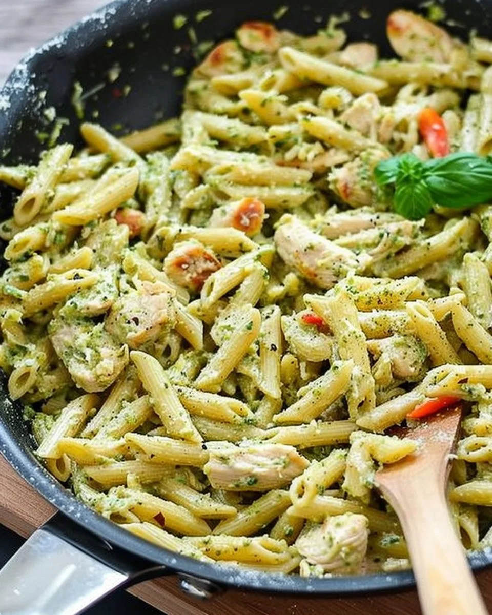 One-Pan Garlic Chicken Pesto Pasta with fresh ingredients and vibrant colors