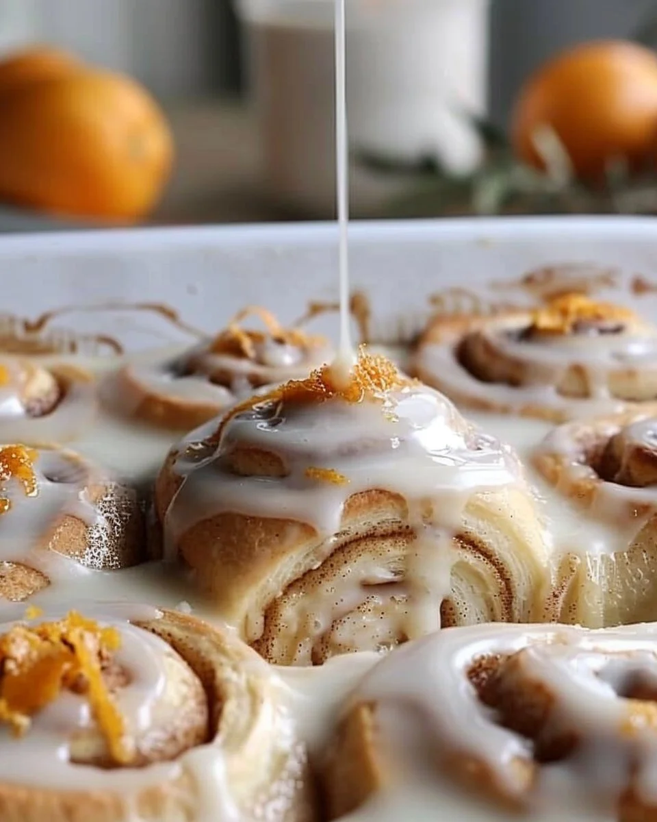 Freshly baked Orange Creamsicle Cinnamon Rolls on a wooden table